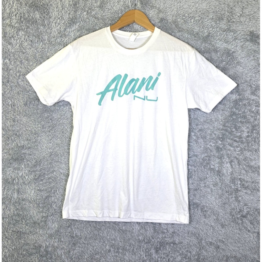Alani Nu T-Shirt Unisex Med White Teal Spellout Logo Next Level Short Sleeve‎ M